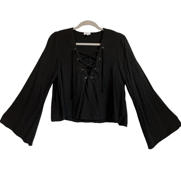 Black Tobi Lace Up Crop Bell Sleeve Top - Picture 1 of 7